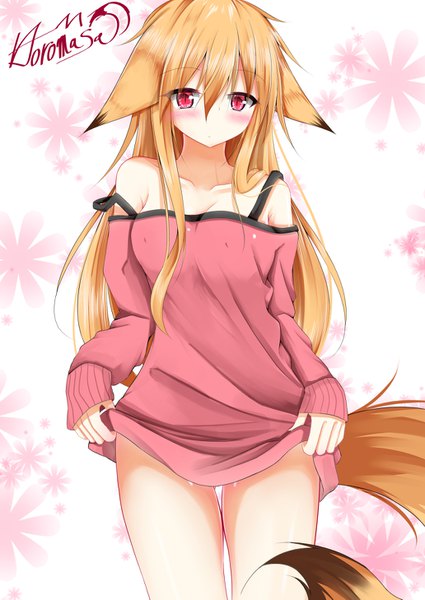 Anime picture 1032x1457 with original masa000010 single long hair tall image blush fringe light erotic blonde hair hair between eyes red eyes bare shoulders signed animal ears tail animal tail fox ears fox tail fox girl strap slip