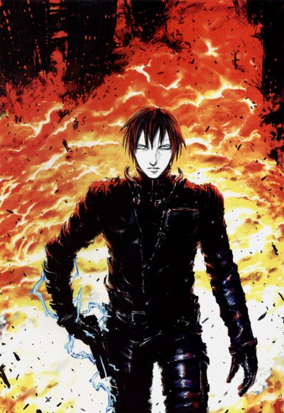 Anime picture 1118x1628 with blame! killy nihei tsutomu single tall image short hair black hair explosion boy weapon gun fire