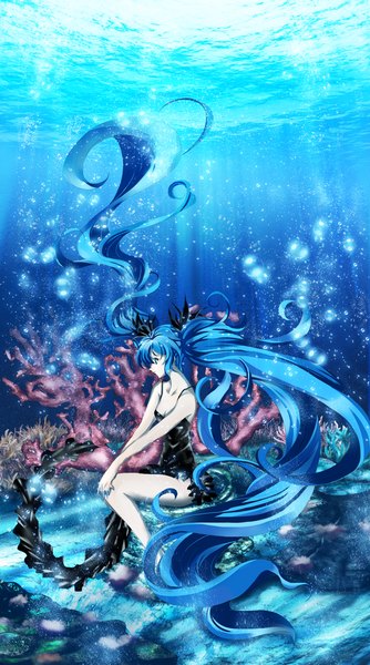 Anime picture 1200x2152 with vocaloid shinkai shoujo (vocaloid) hatsune miku purlchite single tall image blue eyes sitting twintails bare shoulders blue hair very long hair profile underwater girl dress bubble (bubbles) coral