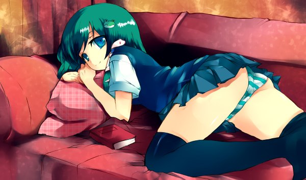 Anime picture 1200x707 with touhou kochiya sanae sawamura hikaru (artist) short hair blue eyes light erotic wide image looking back green hair girl thighhighs skirt underwear panties black thighhighs miniskirt animal book (books) couch hair tubes