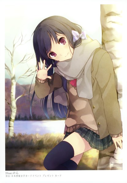 Anime picture 2406x3475 with original ousaka nozomi single long hair tall image looking at viewer highres black hair red eyes scan zettai ryouiki girl thighhighs skirt uniform black thighhighs plant (plants) school uniform tree (trees) scarf