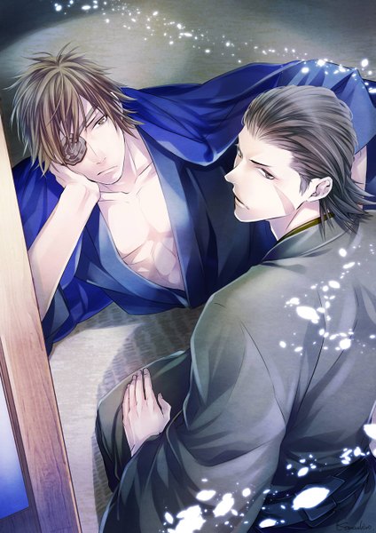 Anime picture 1000x1414 with sengoku basara production i.g date masamune katakura kojuurou komashiro tall image short hair black hair brown hair sitting brown eyes lying looking back arm support scar boy petals eyepatch yukata