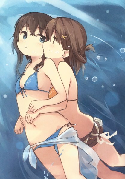 Anime picture 1720x2468 with original girls log vol.5 - kyuri illustration works 2014 summer vacation kyuri long hair tall image blush highres open mouth blue eyes light erotic brown hair multiple girls holding brown eyes light smile bare belly hug shoujo ai underwater face to face