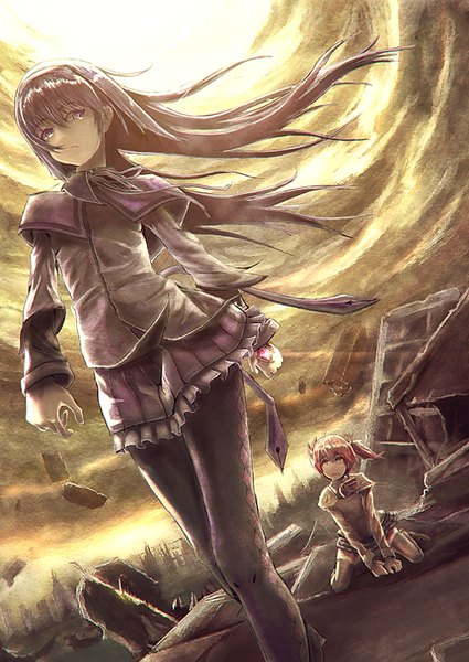 Anime picture 637x900 with mahou shoujo madoka magica shaft (studio) akemi homura kaname madoka chuukarudoruhu long hair tall image short hair twintails purple eyes multiple girls looking away pink hair purple hair pleated skirt pink eyes wind dutch angle kneeling short twintails