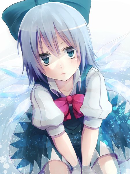 Anime picture 1000x1333 with touhou cirno hijiri-ssh single tall image looking at viewer blush fringe short hair blue eyes simple background sitting blue hair short sleeves puffy sleeves girl bow ribbon (ribbons) hair bow hair ribbon