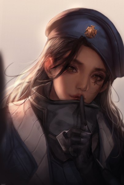 Anime picture 1000x1484 with overwatch blizzard entertainment ana (overwatch) captain amari shale single long hair tall image looking at viewer simple background hair between eyes brown hair brown eyes upper body parted lips lips sunlight realistic mole tattoo