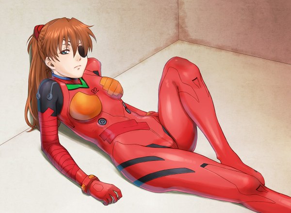 Anime picture 1275x931 with neon genesis evangelion rebuild of evangelion evangelion: 2.0 you can (not) advance gainax soryu asuka langley azasuke single long hair looking at viewer breasts blue eyes light erotic brown hair ponytail lying from above against wall girl bodysuit eyepatch