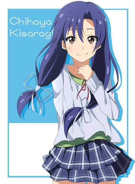 Anime picture 600x820 with idolmaster kisaragi chihaya hitotsuki nanoka single long hair tall image looking at viewer smile twintails brown eyes purple hair wind character names low twintails alternate hairstyle girl skirt