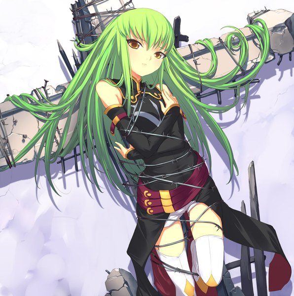 Anime picture 1042x1050 with code geass sunrise (studio) c.c. uni (plastic girl) single long hair tall image looking at viewer blush fringe hair between eyes standing bare shoulders yellow eyes payot bent knee (knees) long sleeves head tilt green hair shadow