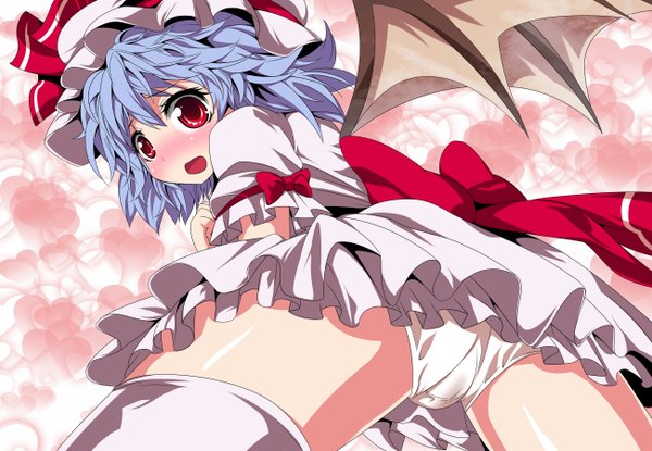Anime picture 2600x1800 with touhou remilia scarlet torino aqua blush highres short hair open mouth light erotic red eyes blue hair looking back bat wings girl dress underwear panties wings bonnet