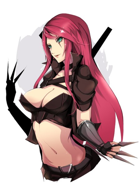 Anime picture 1200x1600 with league of legends katarina (league of legends) kumiko shiba single long hair tall image looking at viewer breasts light erotic large breasts pink hair aqua eyes light smile bare belly tsurime girl weapon