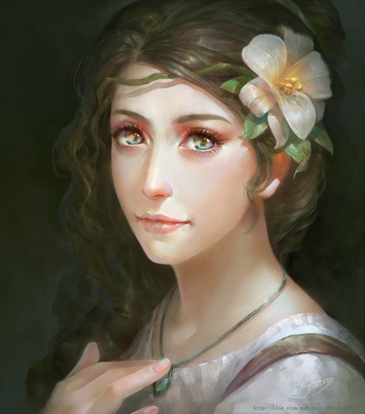Anime picture 1204x1365 with yu-han single long hair tall image looking at viewer blue eyes brown hair signed hair flower lips wavy hair girl hair ornament flower (flowers) choker pendant