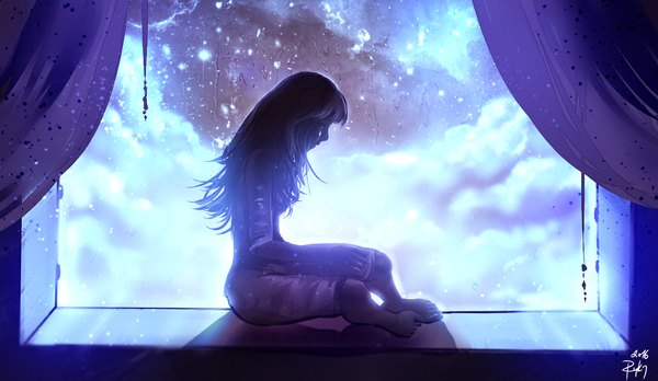 Anime picture 1281x743 with original ryky single long hair black hair wide image sitting signed cloud (clouds) head tilt profile barefoot night shadow looking down sad 2016 girl window curtains