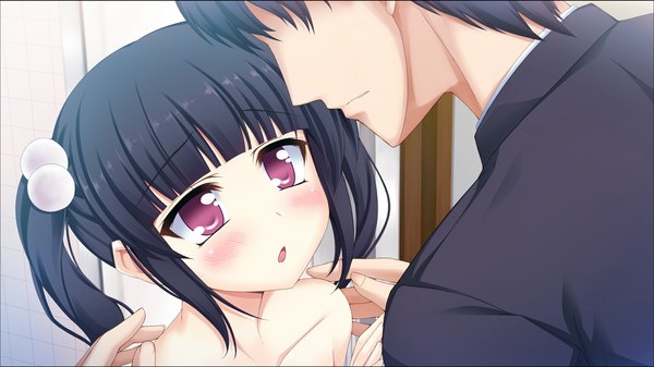 Anime picture 1280x720 with atled everlasting song blush open mouth black hair red eyes wide image twintails game cg couple short twintails girl boy