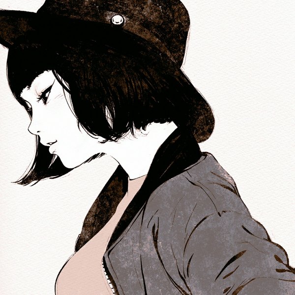 Anime picture 1080x1080 with original ilya kuvshinov single blush fringe short hair simple background white background blunt bangs parted lips profile lips realistic open clothes open jacket looking down monochrome portrait bob cut girl