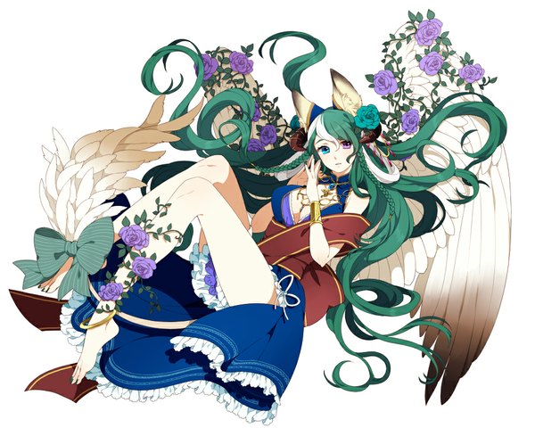 Anime picture 1000x800 with original pixiv fantasia ni02 (asahi nini) single looking at viewer simple background white background animal ears very long hair multicolored hair barefoot horn (horns) two-tone hair bare legs heterochromia girl dress flower (flowers) bow wings