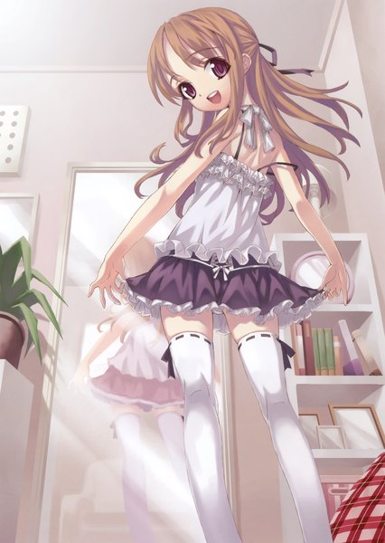 Anime picture 2237x3148 with matsuryuu single long hair tall image highres open mouth red eyes brown hair loli reflection girl thighhighs white thighhighs sundress mirror