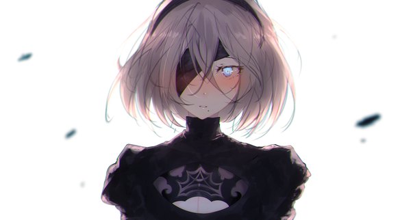 Anime picture 4000x2150 with nier nier:automata yorha no. 2 type b hplay (kyoshinou) single looking at viewer blush highres short hair blue eyes simple background wide image white background absurdres silver hair upper body mole cleavage cutout mole under mouth center opening