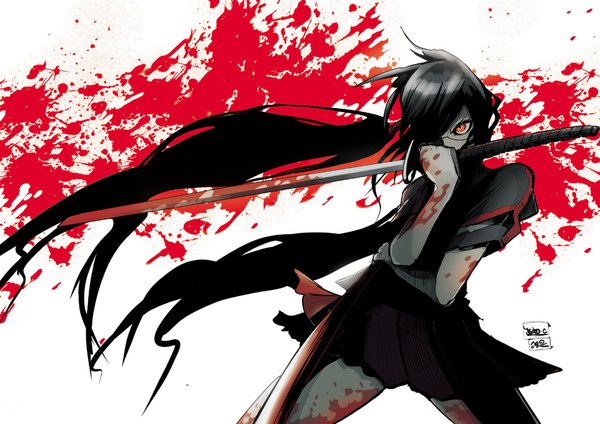 Anime picture 1063x752 with blood c production i.g kisaragi saya jinbei (artist) single long hair fringe black hair red eyes hair over one eye girl weapon sword glasses serafuku katana blood