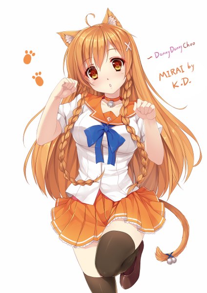Anime picture 900x1272 with mirai millenium suenaga mirai caidychen single long hair tall image looking at viewer blush simple background white background animal ears yellow eyes tail braid (braids) animal tail cat ears orange hair cat girl cat tail girl