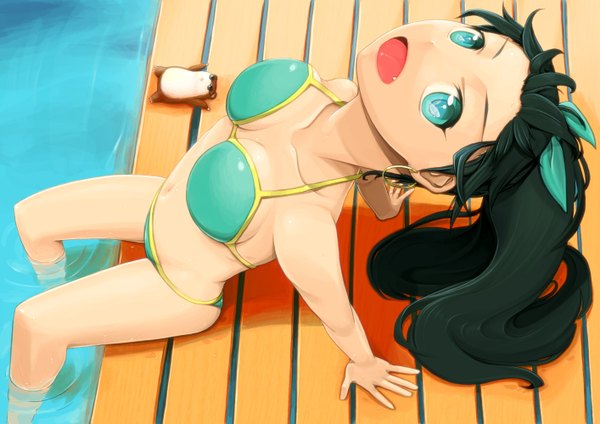 Anime picture 1414x1000 with idolmaster ganaha hibiki yuo0 single long hair open mouth blue eyes light erotic black hair ponytail teeth fang (fangs) girl navel swimsuit earrings bikini