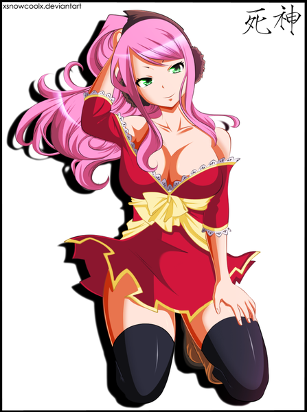 Anime picture 900x1208 with fairy tail meredy (fairy tail) xsnowcoolx single long hair tall image breasts light erotic simple background smile large breasts white background bare shoulders green eyes pink hair ponytail kneeling coloring hieroglyph adjusting hair