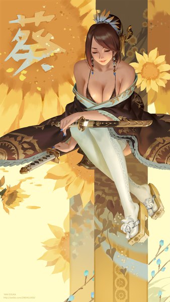 Anime picture 1014x1800 with original gisuka yan single tall image breasts light erotic smile brown hair large breasts white background holding eyes closed nail polish dual wielding unsheathing girl hair ornament flower (flowers) weapon earrings