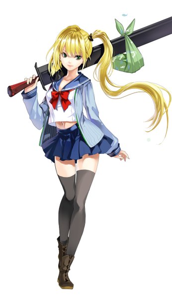 Anime picture 1619x2807 with original chushengdao single long hair tall image looking at viewer simple background blonde hair white background green eyes side ponytail girl thighhighs skirt uniform weapon black thighhighs sword serafuku boots