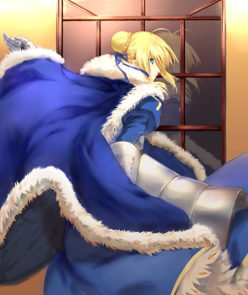 Anime picture 2480x2952 with fate (series) fate/stay night studio deen type-moon artoria pendragon (all) saber xiaoya single tall image highres short hair blue eyes blonde hair profile looking back girl fur armored dress