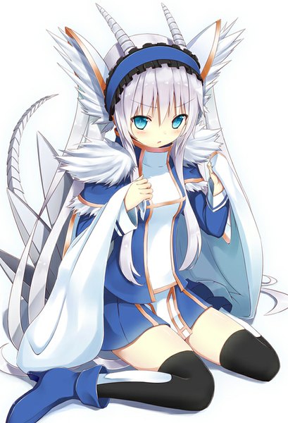 Anime picture 614x900 with original shuuichi (gothics) single long hair tall image blush fringe blue eyes simple background white background sitting twintails animal ears looking away silver hair bent knee (knees) white hair tail parted lips horn (horns)