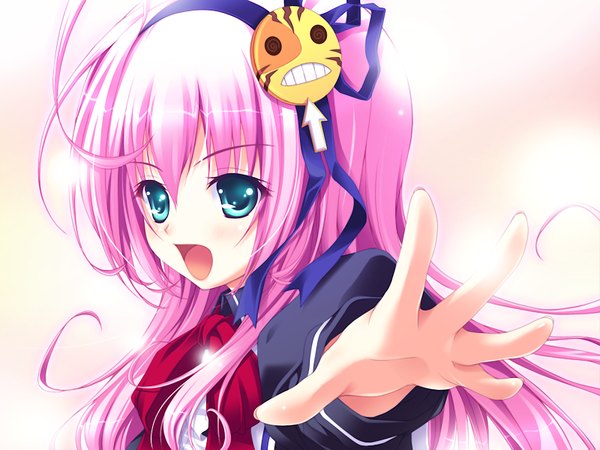 Anime picture 1200x900 with haruruko no jijou (game) single long hair fringe open mouth pink hair game cg upper body long sleeves aqua eyes pink background outstretched hand screaming girl
