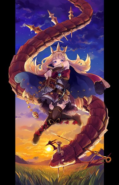 Anime picture 745x1156 with granblue fantasy cagliostro (granblue fantasy) fujino (unajisaiko) long hair tall image looking at viewer blush fringe blue eyes blonde hair smile holding cloud (clouds) sunlight night zettai ryouiki night sky mountain flying covering