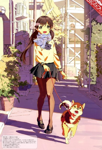 Anime picture 3949x5818 with original chikaoka sunao single long hair tall image highres open mouth brown hair standing twintails green eyes absurdres scan shadow girl skirt animal bowtie scarf dog