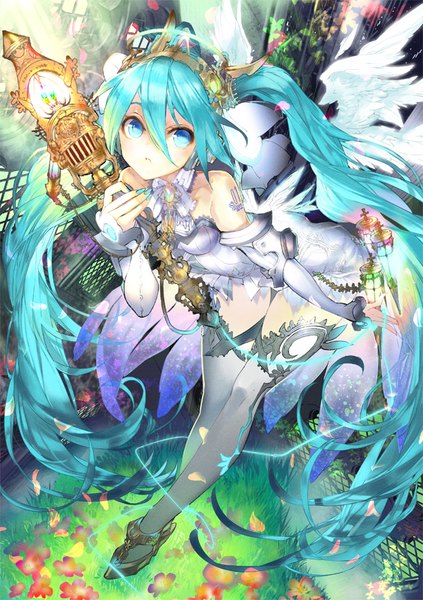 Anime picture 595x842 with alteil (game) vocaloid hatsune miku yamamoto yamato single tall image looking at viewer blush fringe open mouth hair between eyes standing twintails bare shoulders holding looking away very long hair nail polish aqua eyes sunlight