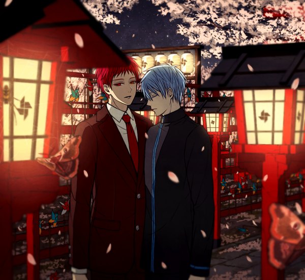 Anime picture 1200x1100 with kuroko no basket production i.g kuroko tetsuya seijuro akashi yukikaze (artist) looking at viewer short hair red eyes standing blue hair sky eyes closed profile night multiple boys orange eyes night sky heterochromia cherry blossoms boy