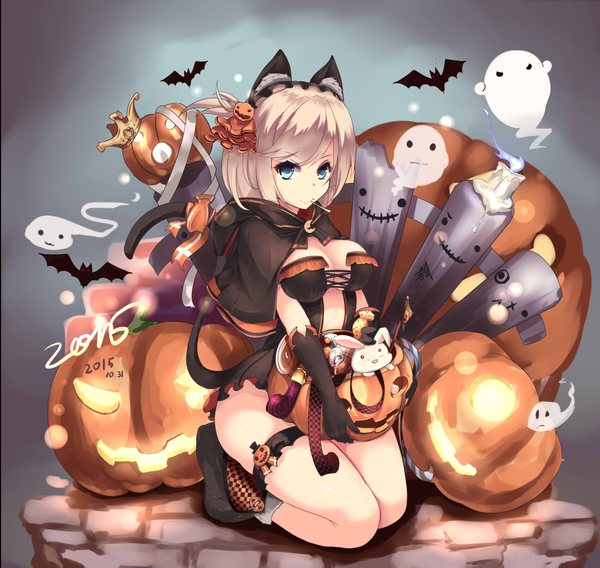Anime picture 1137x1077 with original x2 single looking at viewer short hair breasts blue eyes light erotic blonde hair animal ears tail animal tail cat ears cat girl cat tail halloween girl gloves animal black gloves