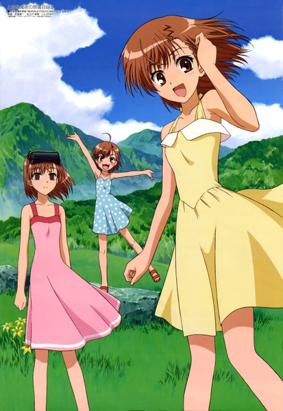 Anime picture 4091x5945 with to aru majutsu no index j.c. staff megami magazine misaka mikoto misaka imouto last order tall image highres short hair open mouth brown hair multiple girls brown eyes absurdres cloud (clouds) official art girl 3 girls sundress vr visor