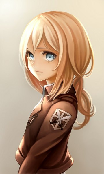 Anime picture 600x1000 with shingeki no kyojin production i.g krista lenz sashimi (adam026) single long hair tall image looking at viewer blue eyes simple background blonde hair gradient background portrait girl weapon sword jacket coat of arms