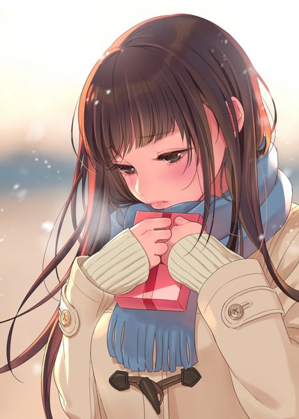 Anime picture 2591x3624 with original morikura en single long hair tall image blush highres brown hair looking away black eyes girl scarf coat gift winter clothes