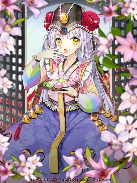 Anime picture 1500x2000 with original primcoco (jooarose) single long hair tall image looking at viewer open mouth yellow eyes white hair eating girl dress flower (flowers) food sweets wagashi mochi