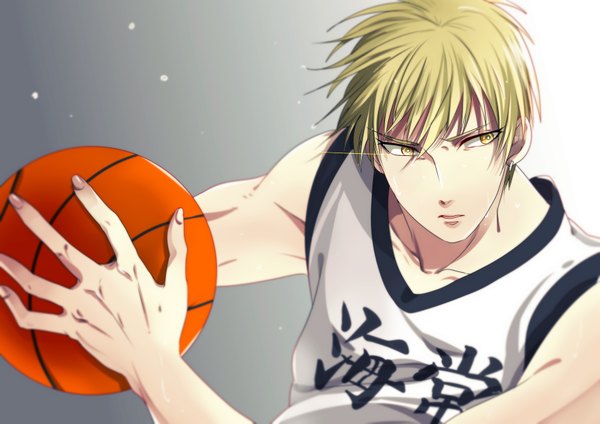 Anime picture 3627x2567 with kuroko no basket production i.g kise ryouta hkm (hsk10) single long hair highres short hair blonde hair holding yellow eyes looking away absurdres fingernails sweat glowing sweatdrop glowing eye (eyes) muscle clothes writing