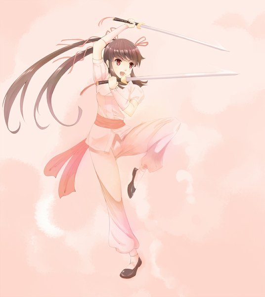 Anime picture 1056x1181 with original ryouku single long hair tall image open mouth black hair red eyes ponytail traditional clothes girl ribbon (ribbons) weapon hair ribbon sword katana