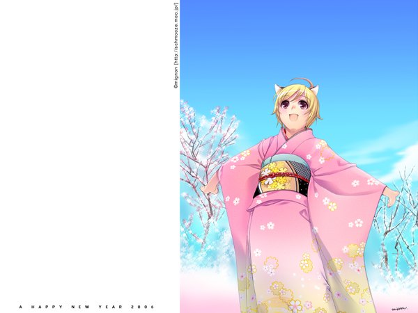 Anime picture 1600x1200 with original schmooze short hair open mouth blonde hair animal ears sky ahoge japanese clothes pink eyes cat girl spread arms new year 2006 girl kimono