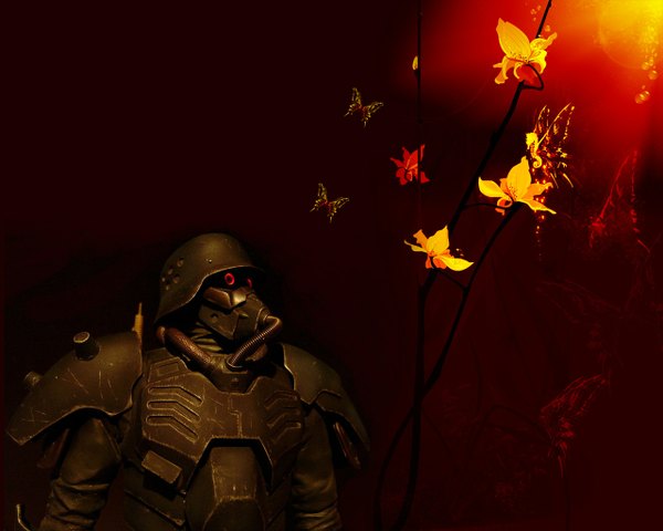 Anime picture 1280x1024 with jin-roh looking away upper body brown background warrior armor insect butterfly helmet spaulder (spaulders) respirator