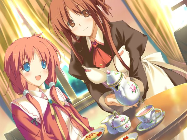 Anime picture 1600x1200 with happy margaret amagahara inaho sakura mao kokonoka blush highres smile twintails game cg maid ribbon (ribbons) tea