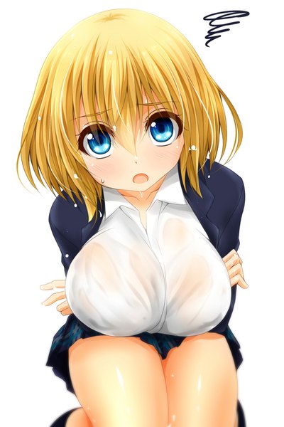Anime picture 668x1000 with original watarui single tall image looking at viewer fringe short hair breasts open mouth blue eyes light erotic blonde hair simple background large breasts white background sitting bent knee (knees) pleated skirt from above wet