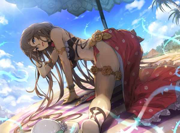 Anime picture 1700x1259 with granblue fantasy rosetta (granblue fantasy) kakage single looking at viewer fringe open mouth blue eyes light erotic hair between eyes brown hair bare shoulders sky cloud (clouds) very long hair looking back barefoot arm support bare legs shadow