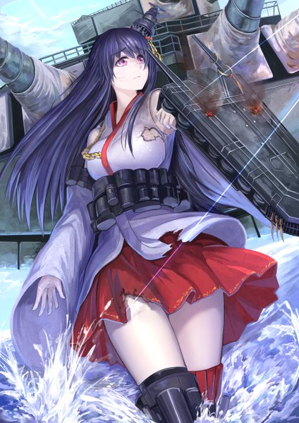 Anime picture 868x1228 with kantai collection fusou battleship koruse single long hair tall image looking away purple hair traditional clothes japanese clothes pink eyes nontraditional miko girl skirt hair ornament weapon miniskirt water sea gun