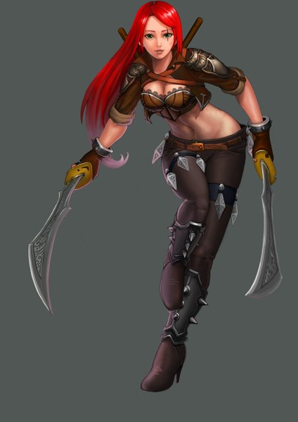 Anime picture 2480x3508 with league of legends katarina (league of legends) assassin (artist) single long hair tall image looking at viewer highres breasts open mouth simple background holding green eyes cleavage red hair grey background midriff scar leg lift (legs lift) dual wielding