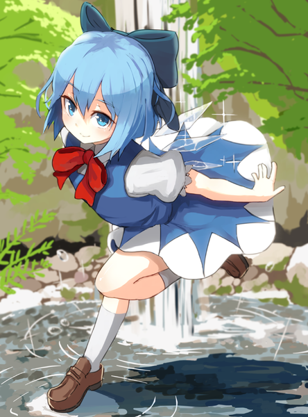 Anime picture 800x1080 with touhou cirno nosuku single tall image looking at viewer blush fringe short hair blue eyes smile blue hair shadow puffy sleeves waterfall girl dress bow plant (plants) hair bow
